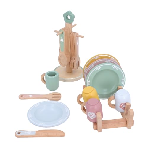 POENVFPO Holzspiel-Essensset, Farblich Passender Teller, Tasse, Löffel, Gabel, Holzküchenutensilien, Spielzeug, Holzgeschirr-Set für Kleinkinder von POENVFPO