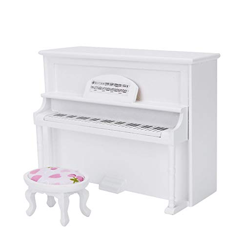 POENVFPO Puppenhaus-Klavier-Minispielzeug mit Hocker, Holzmaterial, Elegantes Design, für 1:12 Puppenhaus (White) von POENVFPO