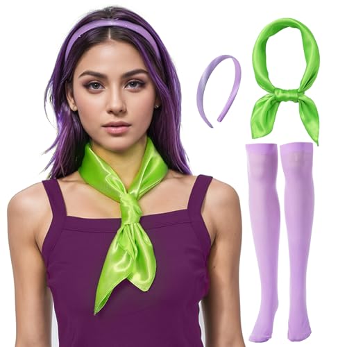 POEWAUVE Damen-Kostüm-Accessoires, violettes Stirnband, hohe Socken, grüner Halstuch für Erwachsene, Halloween, Cosplay von POEWAUVE