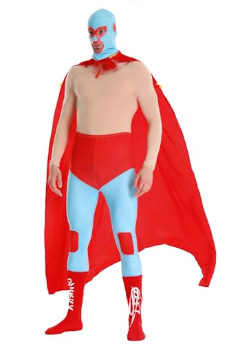 POEWAUVE Mexikanisches Wrestler-Kostüm, Deluxe, Halloween, Cosplay, roter langer Umhang, Maske für Herren, Halloween-Party-Outfits, rot, blau, XXL von POEWAUVE