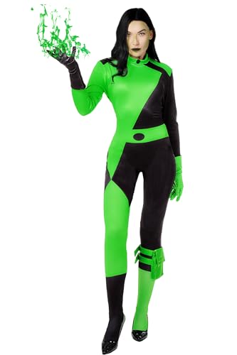 POEWAUVE Shego Kostüm für Damen Kim Possible Cosplay Miss Go Spandex Bodysuit Overall Handschuhe und Beintasche, Schwarz Grün, M von POEWAUVE