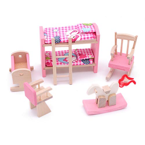 POFET Entzückende hölzerne Puppenhausmöbel Kinderzimmer-Set Spielzeug Puppenhausmöbel Holzspielzeug Kinderzimmer-Set von POFET