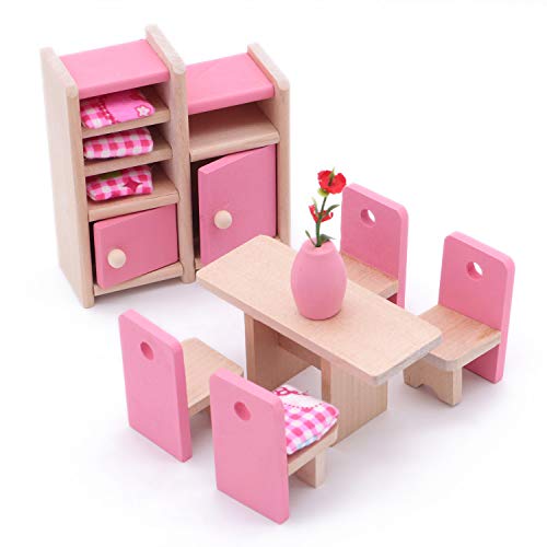 POFET Kinder Holz Esszimmer Puppenhaus Miniaturmöbel Esstisch Stühle Schrank Spielzeug Set Puppe Familie Rollenspiel Zubehör von POFET