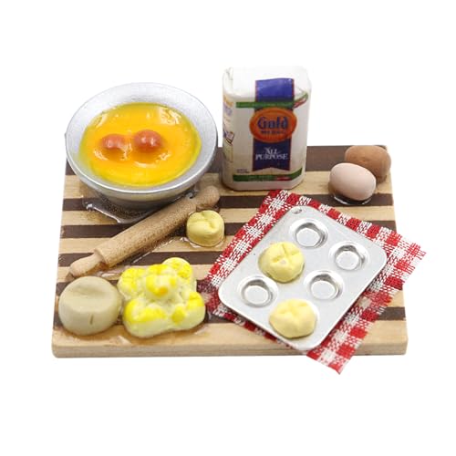 POFET Miniatur-Backset für Puppenhäuser im Maßstab 1/12, Miniatur-Küchenzubehör, Brotbackutensilien-Set, Mini-Lebensmittel, Eier, Milch, Mehl, Nudelholzmodell für Puppenhaus-Dekoration von POFET