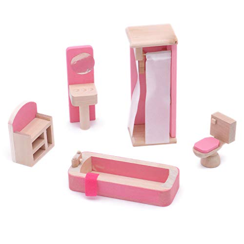 POFET Puppenhaus-Möbelset aus Holz, Spielzeug für Babys, Kinder, Badewanne, Dusche, Toilette, Spiegel, Schrank, Badezimmer von POFET