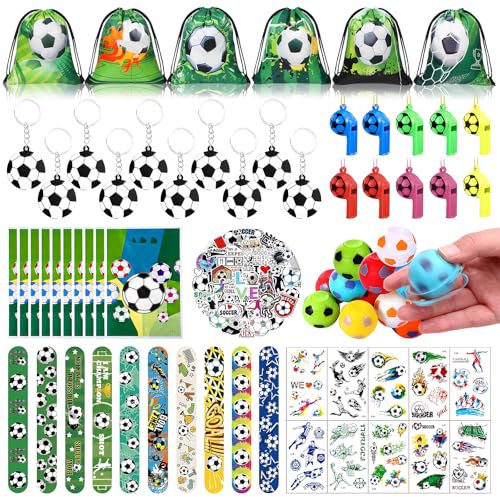 POFIBO 116 PCS Fußball Party Mitgebsel Kinder mit Fußball Kordelzug, Geschenk Taschen, Schnapparmband, Schlüsselanhänger, Pfeifen, Tattoo, Spinning-Fußball, Fußball-Party Deko für Kindergeburtstage von POFIBO