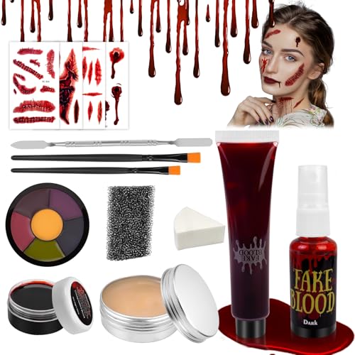 Halloween Kunstblut Set - Halloween Vampir Make up Set I Kunstblut Spray, Narbenwachs, Fakeblut, Narben Tattoo & Mehr - SFX Makeup Set für Halloween Karneval Cosplay Zombie Vampir Gesichtsschminke von POFIBO