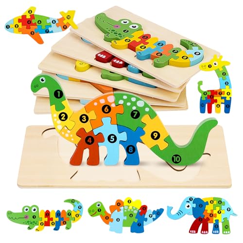 POFIBO 6er-Pack Holzpuzzle - Montessori Holzpuzzle Kinder Lernendes Pädagogisches Spielzeug Dinosaurier Elefant Giraffe Holz Puzzle Weihnachten Geschenke für Kleinkind Jungen und Mädchen 1 2 3 Jahre von POFIBO