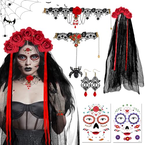 Halloween Kostüm Damen Dia De Los Muertos - Halloween Kopfschmuck Damen, Tag der Toten Schleier, Inkl. Gothic Halskette Armbänder Ohrringe Gesicht Tattoos für Halloween, Kostümparty, Tag der Toten von POFIBO