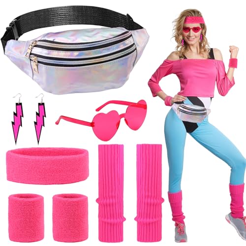 POFIBO 80er 90er Jahre Outfit Damen, 80er 90er Jahre Kostüm Accessoires Set mit Neon Stirnband Armbänder Ohrring Gürteltasche Beinwärmer und Brille, Perfekt für Karneval Fasching Motoparty von POFIBO