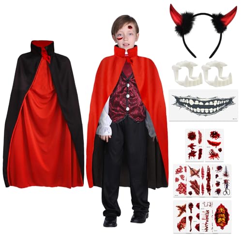 POFIBO Halloween Vampir Umhang Kinder - 80cm Vampir Kostüm Kind, Vampir Umhang, Wendbar, Stehkragen, Halloween Kostüm Vampir für Halloween Karneval Cosplay von POFIBO