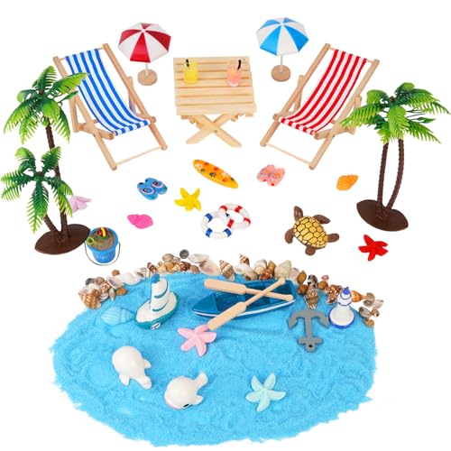 POFIBO Strand Deko Miniatur Set, 35 Stück Mini Strand Mikrolandschaft Miniliegestuhl Strandkorb Palmen Klein Sonnenschirm Muscheln Deko Kinder Strandspielzeug für Sommer DIY Miniatur Garten Geschenk von POFIBO