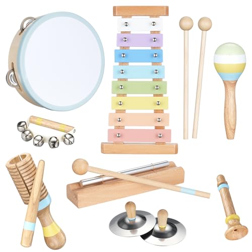 POGOLAB Musikinstrumente Kinder ab 3 Jahre, Montessori Musikalische Spielzeuge für Babies mit Xylophon Kinder/Tamburin/Maracas, Baby Musikspielzeug Kindergeschenke ab 3 4 5 Jahre von POGOLAB