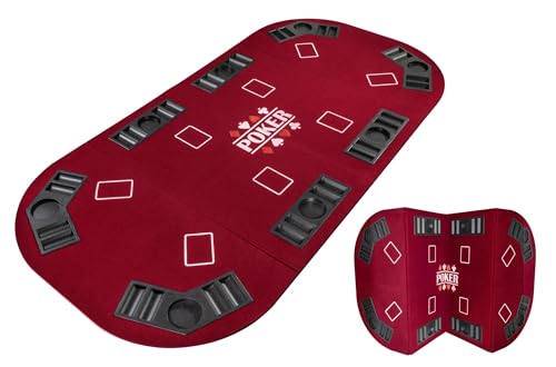 Pokertablett, faltbar, 4 Teile, rechteckig, Rot – Pokerteppich – Kartenspiel und Chips – faltbare Pokermatte mit Becherhalter – ideal für Couchtisch, Wohnzimmer von POKEO