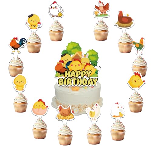 25 Pcs Huhn Kuchen Dekorationen Huhn Kuchen Topper Cupcake Toppers für Huhn Geburtstag Dekorationen Bauernhof Tiere Party Dekorationen Baby Dusche Party Zubehör von POMNUG