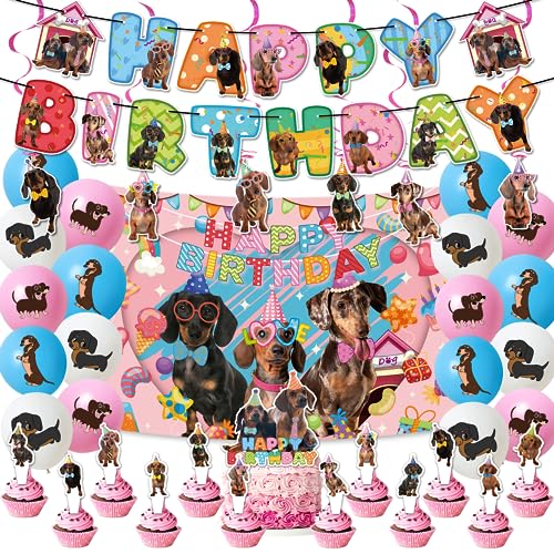 Dackel Geburtstag Party Dekorationen Dackel Party Supplies Set mit lustigen Dackel Geburtstag Luftballons Banner Spiralen Kuchen Topper Cupcake Topper Hintergrund für Dackel Geburtstag Party von POMNUG