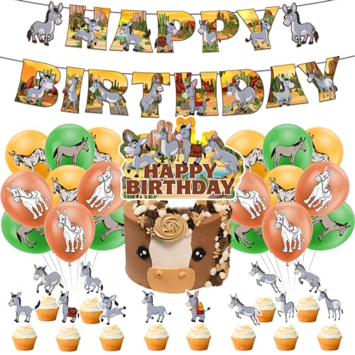 Donkey Birthday Party Supplies Donkey Party Dekorationen Kit mit niedlichen Donkey Birthday Banner Kuchen Topper Cupcake Toppers Luftballons von POMNUG