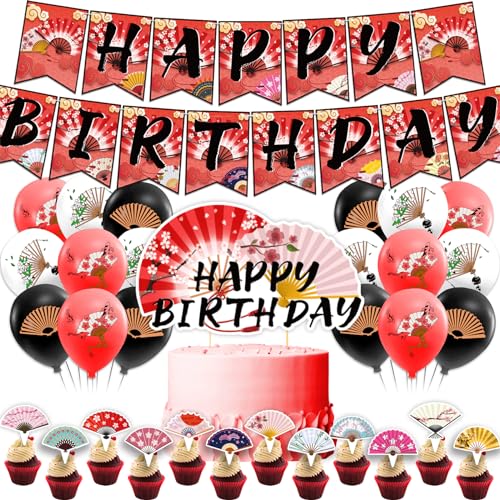 Faltende Fans Geburtstag Dekorationen Faltende Fans Party Supplies Beinhaltet Geburtstag Banner Kuchen Topper Cupcake Toppers Ballons für chinesische japanische Faltende Fans Geburtstag Dekorationen von POMNUG