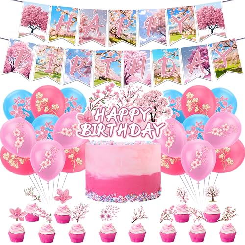 Kirschblüte Party Dekorationen Japanische Dekorationen Inklusive Kirschblüte HAPPY BIRTHDAY Banner Kuchen Cupcake Toppers Ballons für Kirschblüte Party Zubehör Hochzeit Brautdusche Baby Dusche von POMNUG