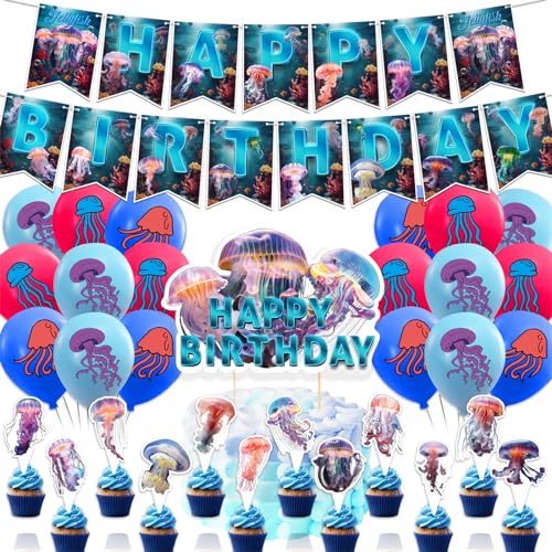 Quallen Geburtstag Party Dekorationen Inkludiert Quallen Geburtstag Banner Kuchen Topper Cupcake Toppers Ballons für Unterwasser Party Ocean Party Hochzeit Baby Dusche Dekorationen von POMNUG