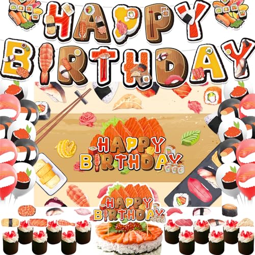 Sushi Party Dekorationen Japanische Geburtstagsdekorationen Beinhaltet Sushi Happy Birthday Banner Hintergrund Kuchen Topper Cupcake Toppers Ballons für Sushi Geburtstag Party von POMNUG