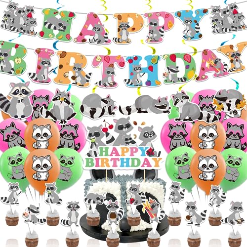 Waschbär Geburtstag Party Supplies Waschbär Party Dekorationen Set mit Waschbär Geburtstag Banner Hängende Wirbel Kuchen Cupcake Toppers Ballons für Waldtiere Party Waschbär Baby Dusche Dekorationen von POMNUG