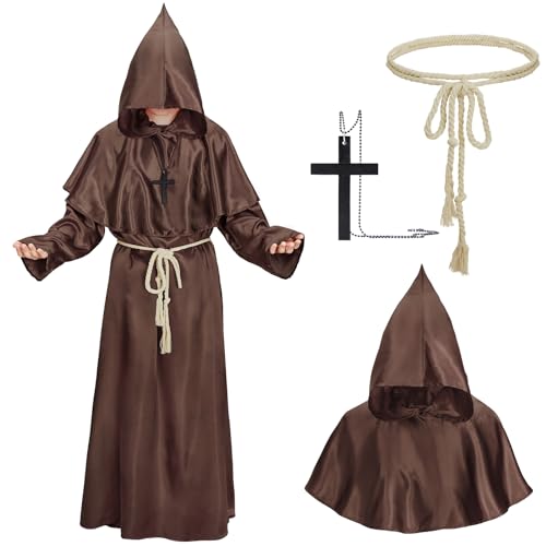 PONCEAU Halloween Mönch Robe Priester Robe Mönch Kostüm Herren mit Kapuze und Kreuz Mönch Kostüm Renaissance Hooded Cosplay Karneval Mittelalter Halloween Kostüm Mönchskostüm von PONCEAU