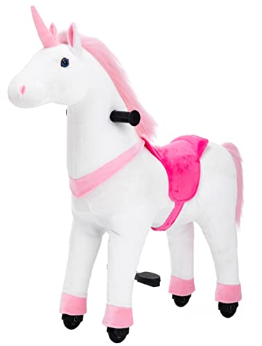 PONYEEHAW Reitpferd für Kinder ab 4 mit Rollen, Horse Toy Ride, Spielpferd zum Reiten Stehpferd Groß aus Metall und Plüsch Einhorn auf Rollen mit Schabracke und Zaumzeug (Weiß Einhorn, Mittel) von PONYEEHAW