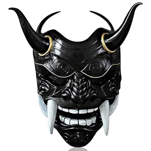 Japanische Samurai-Maske Hannya Oni Samurai-Harzmaske,Halloween-Samurai,japanische Energie,rotes Gesicht des Dämonenkönigs,Oni-Samurai-Prajna-Maske,Cosplay-Requisiten,Party-Halloween-Maske(Black) von POOLPO