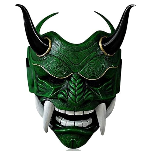 Japanische Samurai-Maske Hannya Oni Samurai-Harzmaske,Halloween-Samurai,japanische Energie,rotes Gesicht des Dämonenkönigs,Oni-Samurai-Prajna-Maske,Cosplay-Requisiten,Party-Halloween-Maske(Green) von POOLPO