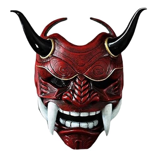 Japanische Samurai-Maske Hannya Oni Samurai-Harzmaske,Halloween-Samurai,japanische Energie,rotes Gesicht des Dämonenkönigs,Oni-Samurai-Prajna-Maske,Cosplay-Requisiten,Party-Halloween-Maske(Red) von POOLPO