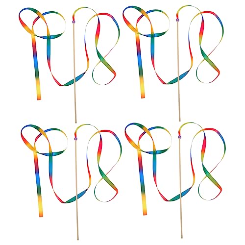 POPETPOP 4 Stück Regenbogen-Band-Stick Turnringe Bänder zum Basteln Netzband Gymnastik Bar Fairy Wand tanzstock Tanzstab Hochzeitsfee Zauberstab dekorative Bandstangen Polyester Colorful von POPETPOP