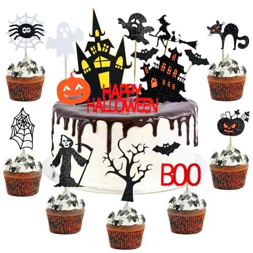 17 Stücke Halloween Cupcake Toppers,Bat Halloween Deko Kuchen,Halloween Kuchen Cupcake Picks,Tortendeko Halloween,Fledermaus Geist Kürbis Spinne Schloss Hexe Muffin Dekoration für Halloween Kuchendeko von POPGMMT