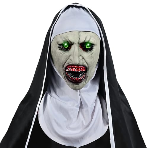 Halloween Maske The Nonne Horror, Gruselige Nonnen Maske mit Grünes Licht,Gruselige Halloween Masken,Gruselige Nonnen Maske mit Kopftuch für Erwachsene Halloween Cosplay Kostüm Party Requisiten von POPGMMT