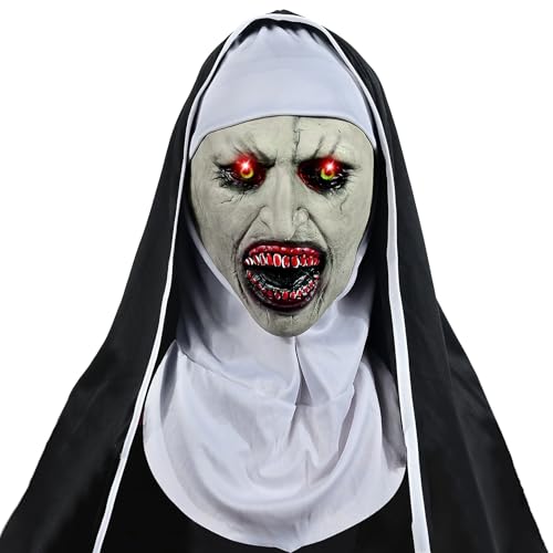 Halloween Maske The Nonne Horror, Gruselige Nonnen Maske mit Roten Lichtern,Gruselige Halloween Masken,Gruselige Nonnen Maske mit Kopftuch für Erwachsene Halloween Cosplay Kostüm Party Requisiten von POPGMMT