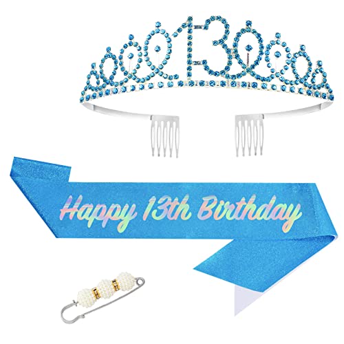 POPOYU 13. Fabulous Geburtstags-Krone Schärpe Set Blau Tiara Krone Geburtstags Krone für 13. Geburtstag Deko,Prinzessin Kronen Haar-Zusätze für Frauen Geburtstagsgeschenk Partyzubehör von POPOYU