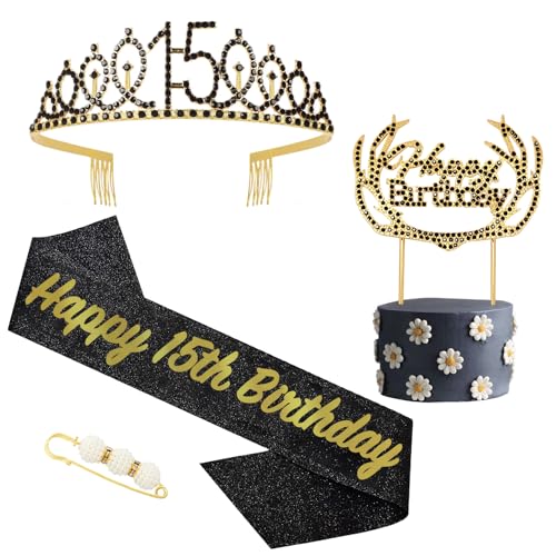 21 Geburtstag Krone und Schärpe Schwarzes Gold,Krone 21.Geburtstag,21. Geburtstag Schärpe und Tiara Kristall Kuchenaufsätze Kit,Krone 21 Geburtstag Frauen für Geburtstag Geschenk Partyzubehör Dekor von POPOYU