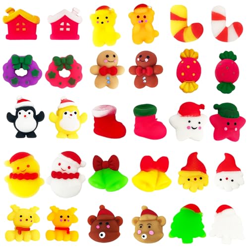 POPOYU Weihnachten Mochi Squishy Set,30 Stück Weihnachten Mochi Squeeze Spielzeug,Kawaii Squishies Stress Relief Spielzeug,Mini Geschenke Mochi Party Favors für Adventskalender,Pinata Füllung von POPOYU