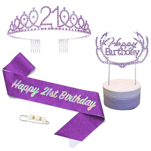 Frauen Geburtstag Krone und Schärpe Lila,Krone Frauen Geburtstag,Schärpe und Tiara Kristall Kuchenaufsätze Kit,Krone Königin Geburtstag Mädchen für Geburtstag Geschenk Partyzubehör Dekor von POPOYU