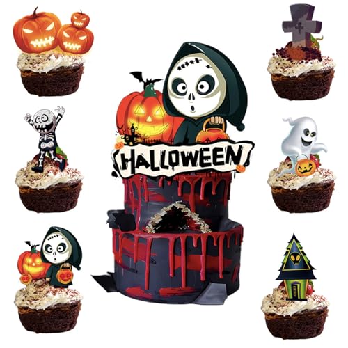 Halloween Cupcake Topper, 25 Stück Halloween Tortendeko, Halloween Kuchendekoration Muffins Ghost Spinne Fledermaus Kürbis Halloween Cupcake Dessert Deko für Kinder Halloween Party von POPOYU