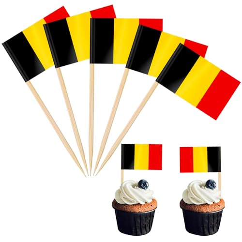 Mini-Zahnstocher mit belgischer Flagge, Cupcake-Aufsätze, Cocktailspieße, Holz-Kuchenaufsätze, Sandwich-Dekorationen für Eurovision-Party, Euro-Fußballspiel, Olympische Spiele 2024, 100 Stück von POPOYU