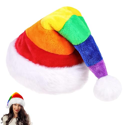 POPOYU 1 Stück Regenbogen Weihnachtsmütze,35 cm Samt-Weihnachtsmütze für Erwachsene Kinder Baby Unisex,Samt Komfort Weihnachtsfeier Mütze Fell Weihnachtsgeschenke von POPOYU