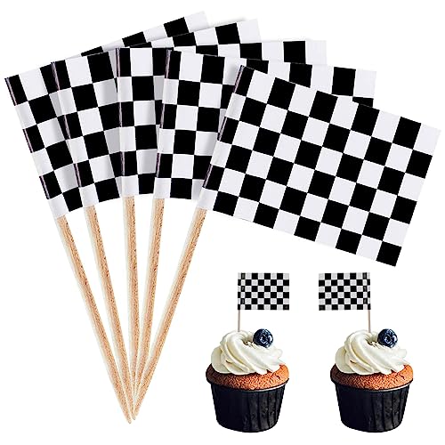 POPOYU 100 Stück F1 Zielflagge Zahnstocher Flaggen,Rennauto Flagge Fahne Klein Cocktail Tischdeko für Rennauto Deko Kindergeburtstag Cupcake-Topper,Zahnstocher,Pub-deko von POPOYU