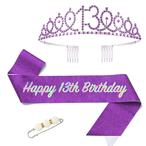 POPOYU 13. Fabulous Geburtstags-Krone Schärpe Set Lila Tiara Krone Geburtstags Krone für 13. Geburtstag Deko,Prinzessin Kronen Haar-Zusätze für Frauen Geburtstagsgeschenk Partyzubehör von POPOYU