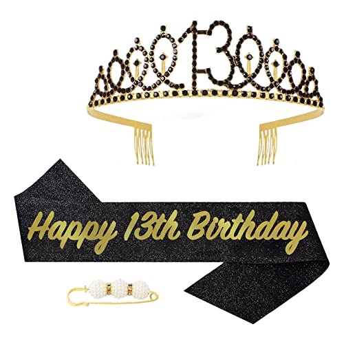 POPOYU 13. Fabulous Geburtstags-Krone Schärpe Set Schwarz Tiara Krone Geburtstags Krone für 13. Geburtstag Deko,Prinzessin Kronen Haar-Zusätze für Frauen Geburtstagsgeschenk Partyzubehör von POPOYU