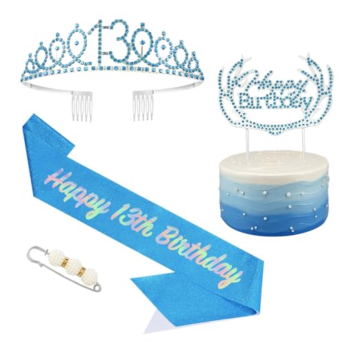 13 Geburtstag Krone und Schärpe Blau,Krone 13.Geburtstag,13. Geburtstag Schärpe und Tiara Kristall Kuchenaufsätze Kit,Krone 13 Geburtstag Mädchen für Geburtstag Geschenk Partyzubehör Dekor von POPOYU