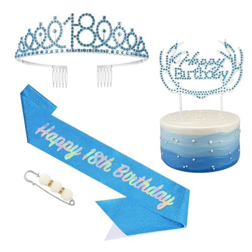 13 Geburtstag Krone und Schärpe Blau,Krone 13.Geburtstag,13. Geburtstag Schärpe und Tiara Kristall Kuchenaufsätze Kit,Krone 13 Geburtstag Mädchen für Geburtstag Geschenk Partyzubehör Dekor von POPOYU