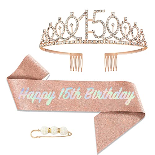 POPOYU 15. Fabulous Geburtstags-Krone Schärpe Set Roségold Tiara Krone Geburtstags Krone für 15. Geburtstag Deko,Prinzessin Kronen Haar-Zusätze für Frauen Geburtstagsgeschenk Partyzubehör von POPOYU