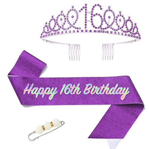 POPOYU 16. Fabulous Geburtstags-Krone Schärpe Set Lila Tiara Krone Geburtstags Krone für 16. Geburtstag Deko,Prinzessin Kronen Haar-Zusätze für Frauen Geburtstagsgeschenk Partyzubehör von POPOYU