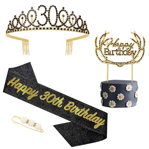 18 Geburtstag Krone und Schärpe Schwarzes Gold,Krone 18.Geburtstag,18. Geburtstag Schärpe und Tiara Kristall Kuchenaufsätze Kit,Krone 18 Geburtstag Frauen für Geburtstag Geschenk Partyzubehör Dekor von POPOYU